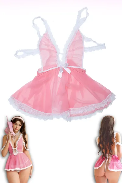 Pembe Dantelli Fantazi İç Giyim Babydoll Takımı