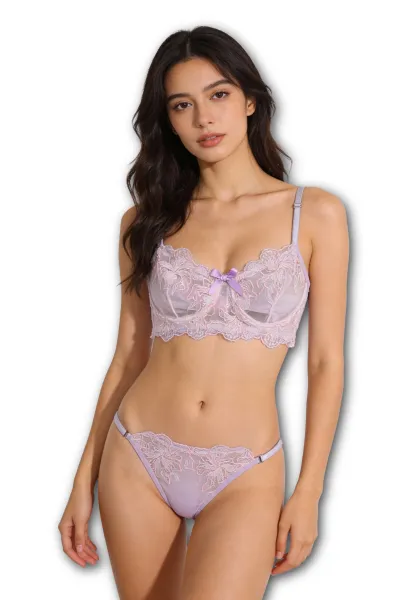 Zarif Dantel İşlemeli lila İç Giyim Takımı