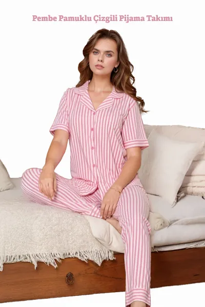 Pembe Pamuklu Çizgili Düğmeli Kadın Pijama Takımı