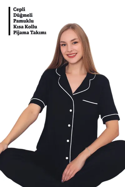 Cepli Düğmeli Pamuklu Kısa Kollu Siyah Kadın Pijama Takımı